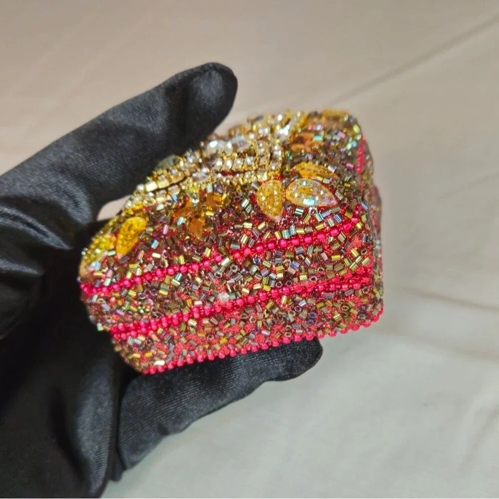 Vintage Artisan Handmade Rhinestone & Bead Trinket Box 80s-90s Made In India EUC